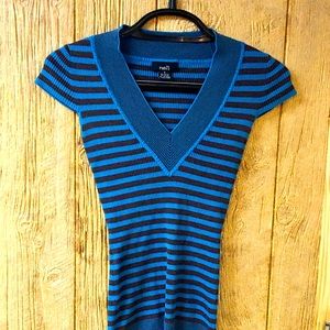 NWOT Rue 21 brown and teal blue striped v neck short sleeve shirt